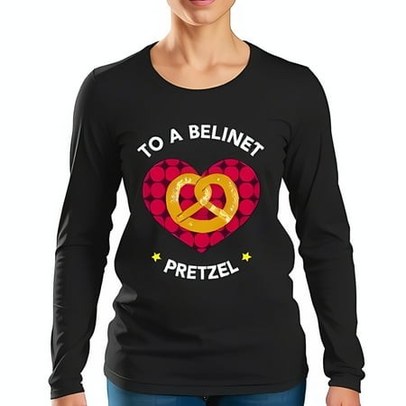 Playful Long Sleeve T-Shirt for Women - Red Polka-Dotted Heart & Golden Pretzel Design with  to a BELINET PRETZEL  Text