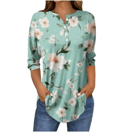 SEAOPEN Clearance 2313 3/4 Sleeve Tshirts for Women 2025 Button V Neck Henley Shirts Dressy Casual Tunic Blouses Summer Tops Color Block T-Shirts with