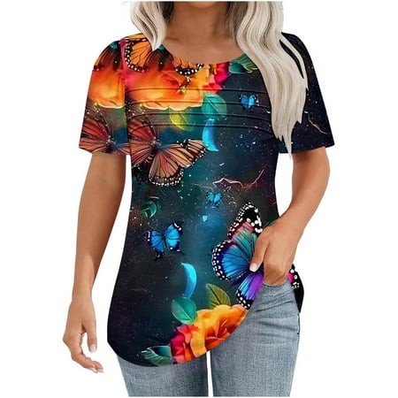 SEAOPEN Clearance 2564 Pleated Tshirts for Women Tie Dye Graphic Tees Crewneck Short Sleeve Tunic Tops Ladies Summer Swing Blouses Multicolor S