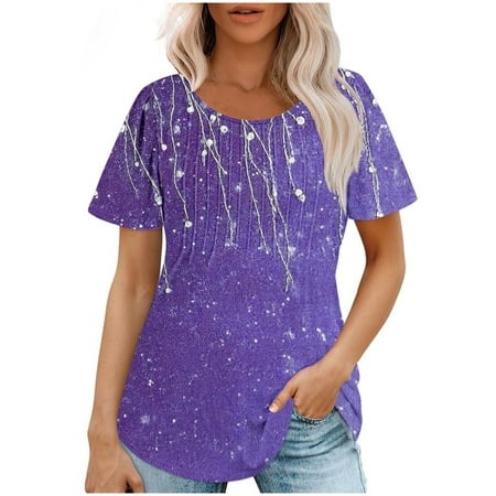 SEAOPEN Clearance 2723 Womens Floral Graphic Tees Pleated Short Sleeve T Shirts Cute Tunic Blouses Dressy CasualSwing T-Shirts Loose Fit Summer Tops P