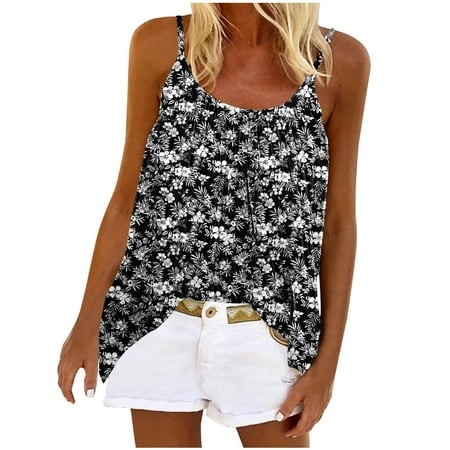 Goodeals Womens Tank Tops Summer Floral Sleeveless Blouses Pleated Crewneck Shirts Loose Fit Flowy Tunic Casual Outfits 2025(Black S)