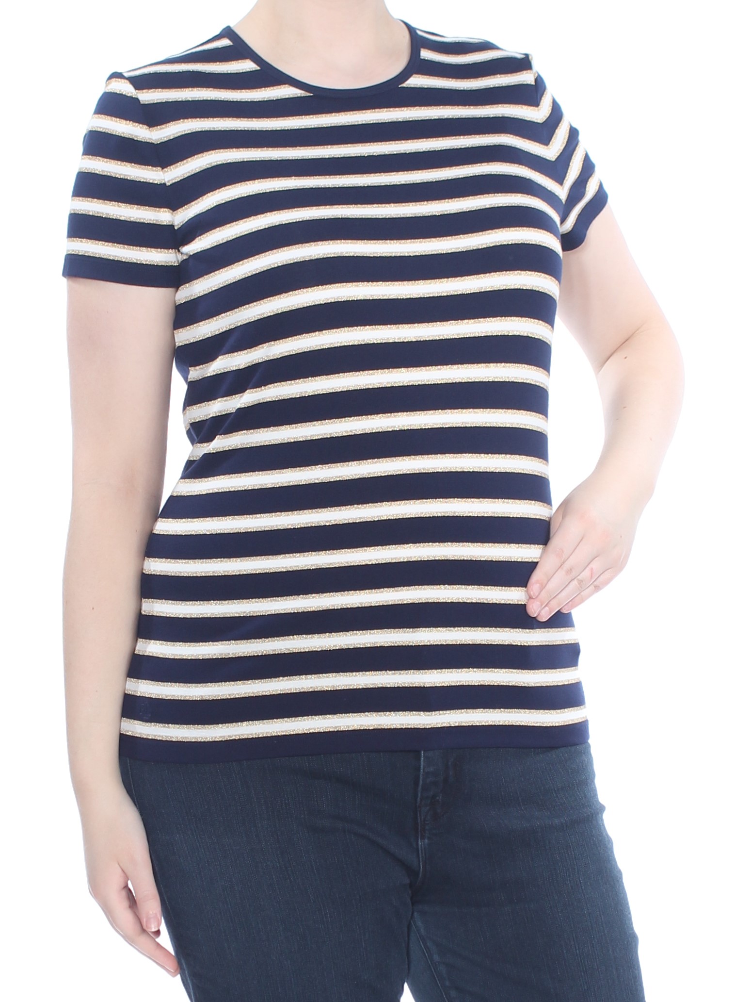 RALPH LAUREN $39 Womens New 1679 Navy Glitter Striped T-Shirt XL B+B