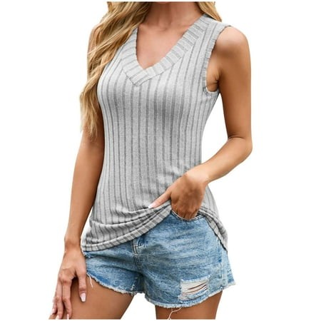 Goodeals Womens Ribbed Knit Camisoles Loose Fit Sleeveless Tank Tops V Neck Shirts Basic Summer Going Out Blouses Casual Dress Clothes(Gray XXL)