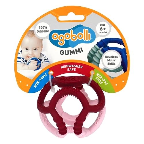 OgoBolli Gummi Teether Ring Textured Sensory Ball Toy for Babies & Toddlers - Stretchy, Soft Non-Toxic Silicone - Boys and Girls Age 6+ Months - Pink 