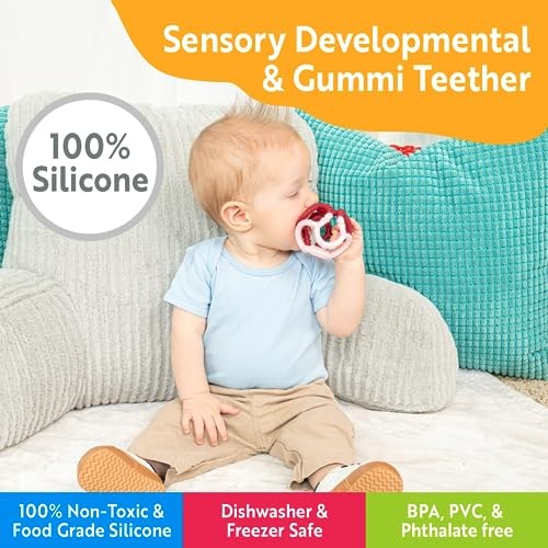 OgoBolli Gummi Teether Ring Textured Sensory Ball Toy for Babies & Toddlers - Stretchy, Soft Non-Toxic Silicone - Boys and Girls Age 6+ Months - Pink  thumbnail