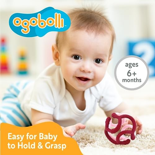 OgoBolli Gummi Teether Ring Textured Sensory Ball Toy for Babies & Toddlers - Stretchy, Soft Non-Toxic Silicone - Boys and Girls Age 6+ Months - Pink  thumbnail