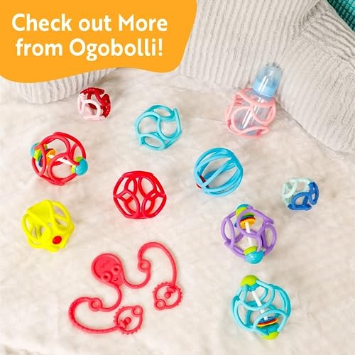 OgoBolli Gummi Teether Ring Textured Sensory Ball Toy for Babies & Toddlers - Stretchy, Soft Non-Toxic Silicone - Boys and Girls Age 6+ Months - Pink  thumbnail
