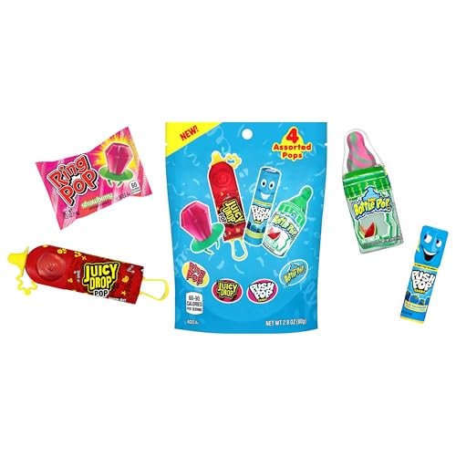 Candy Variety Pack - 4 Count Assorted Lollipops - Ring Pop, Push Pop, Baby Bottle Pop & Juicy Drop - Ideal for Birthdays, Party Favors, Celebrations &