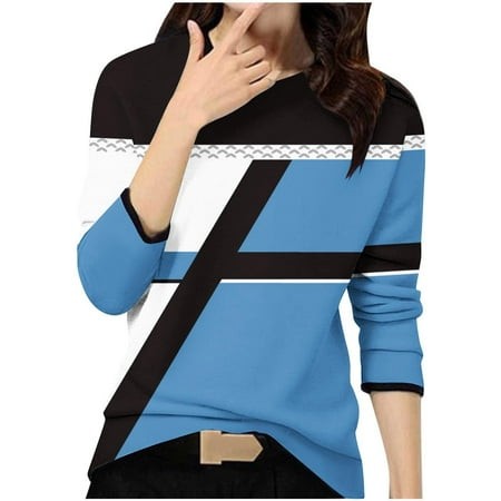 GA WEIHUA Long Sleeve Shirts for Women Casual Color Block Tunic Tops Basic Tees Trendy Geometric Print T Shirts Casual Spring Summer Blouses(Sky Blue 