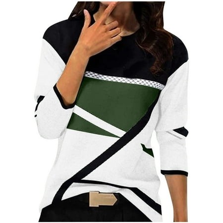 GA WEIHUA Women S Shirts Color Block T Shirts Long Sleeve Casual Tops Loose Crewneck Tees Spring Basic Blouses(Army Green M