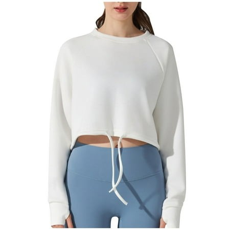 GA WEIHUA Women S Workout Sweatshirt Solid Color Long Sleeve Shirts with Thumb Hole Athletic Gym Drawstring Pullover Tops(White XL