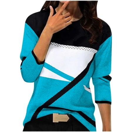 GA WEIHUA Womens Spring Casual Shirts Long Sleeve Tunic Tops Crew Neck Tee Tshirt Blouses for Women Trendy Color Block Basic Loose T Shirts(Sky Blue X