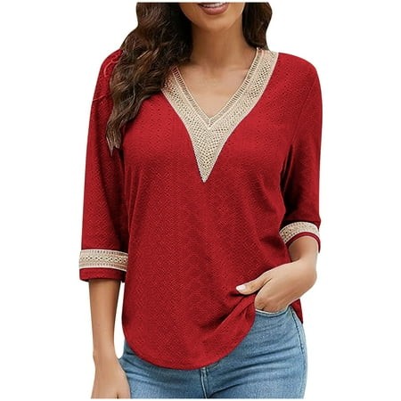 GA WEIHUA Womens Lace Trim V Neck Shirts Eyelet Embroidery 3/4 Sleeve Tops Eyelet Embroidery Summer Spring Fashion Clothes Loose Casual Basic Plain Te