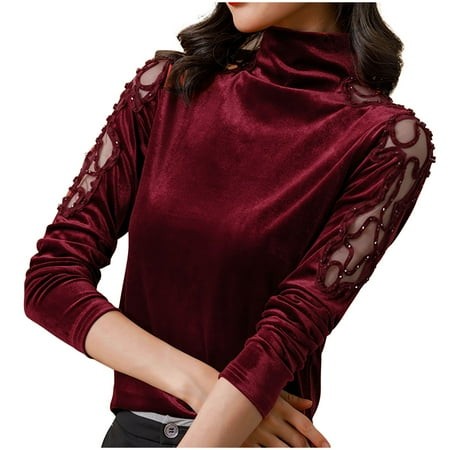 GA WEIHUA Womens Cut Out Cold Shoulder Tops Velvet Long Sleeve Fashion Shirts High Neck Mock Neck T Shirts Hollow Out Dressy Casual Basic Shirts(Red X