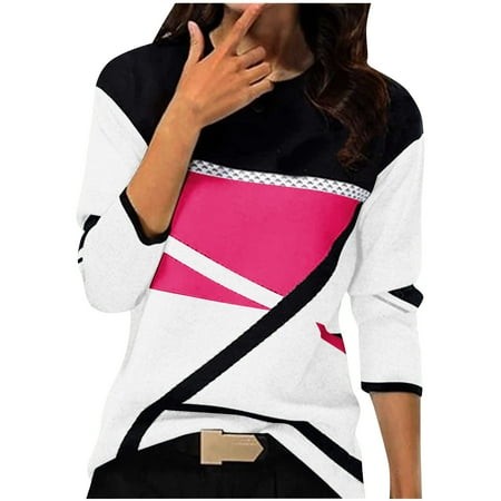GA WEIHUA Women S Shirts Color Block T Shirts Long Sleeve Casual Tops Loose Crewneck Tees Spring Basic Blouses(Hot Pink XXL