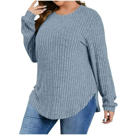GA WEIHUA Plus Size Long Sleeve T Shirts for Women Curved Hem Tunic Tops for Leggings 2025 Dressy Casual Blouses Lightweight Knit Round Neck Sweater(L