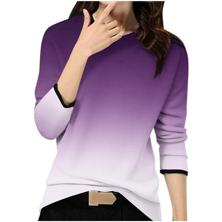 GA WEIHUA Womens Ombre Tops Color Block Long Sleeve Shirts Dressy Causal Cute Tshirts 2025 Trendy Vacation Gradient Clothes(Purple M