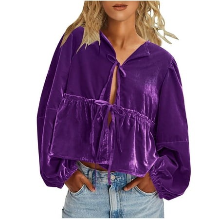 GA WEIHUA Women S Velvet Shirts Tie Front Long Sleeve Jackets V Neck Ruffle Hem Peplum T Shirts Loose Fit Cute Open Front Tops Relaxed Solid Babydoll 