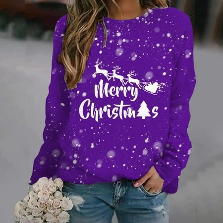 Texiao Chrismas Long Sleeve Fall Outfits for Women 2564  Women S Round Neck Long Sleeved Merry Christmas Little Deer Christmas Tree Snowflake Print Ca