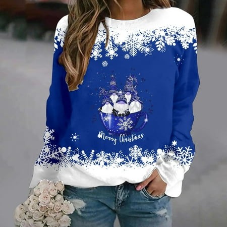 Texiao Chrismas Long Sleeve Sweatshirt Women Graphic  Polyester Fall Outfits for Women 2658  Blue Womens Fashion  Women S Round Neck Long Sleeved Merr