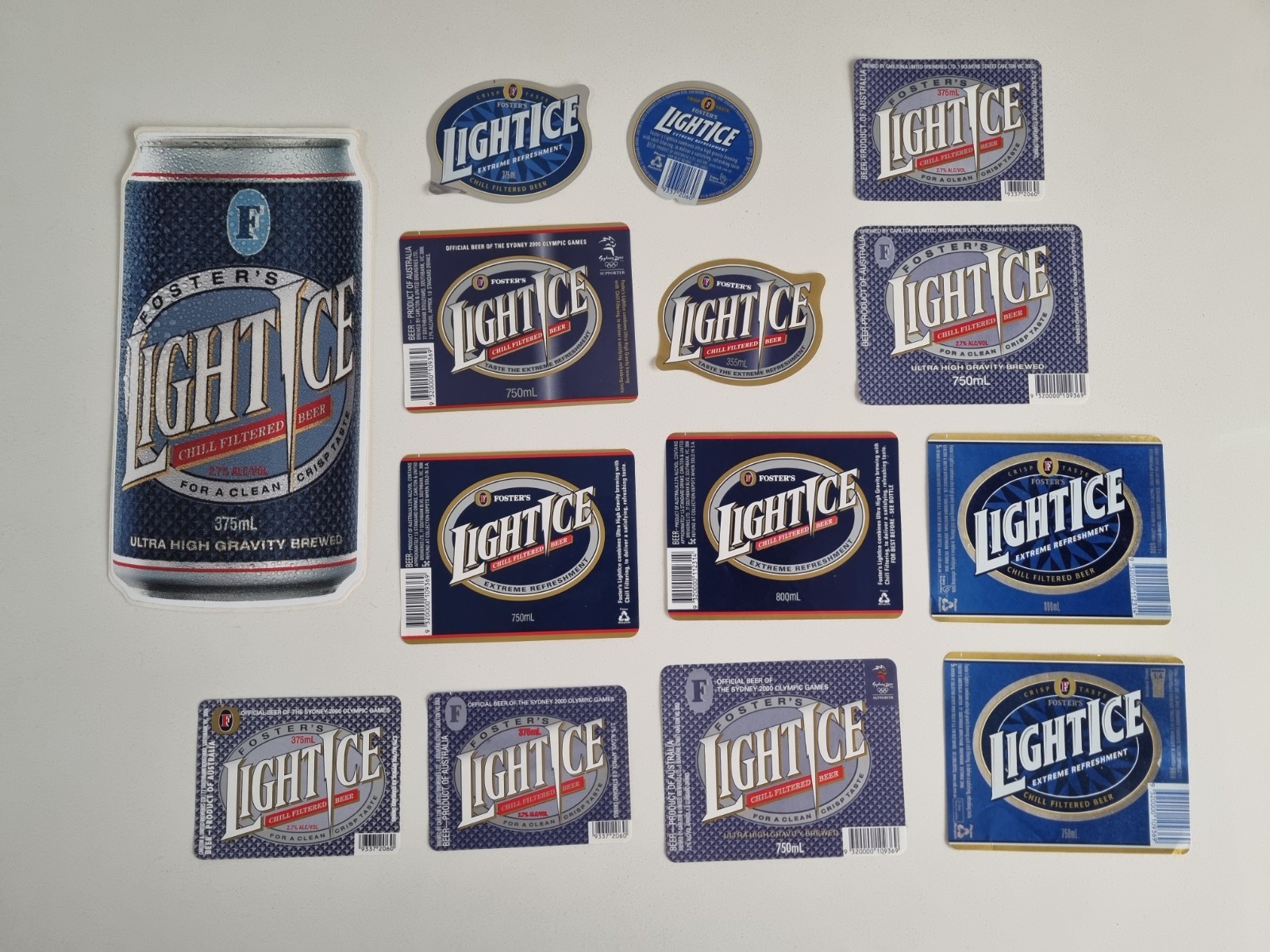Fosters Light Ice Beer Bottle Labels Lot Vintage Blue Lager