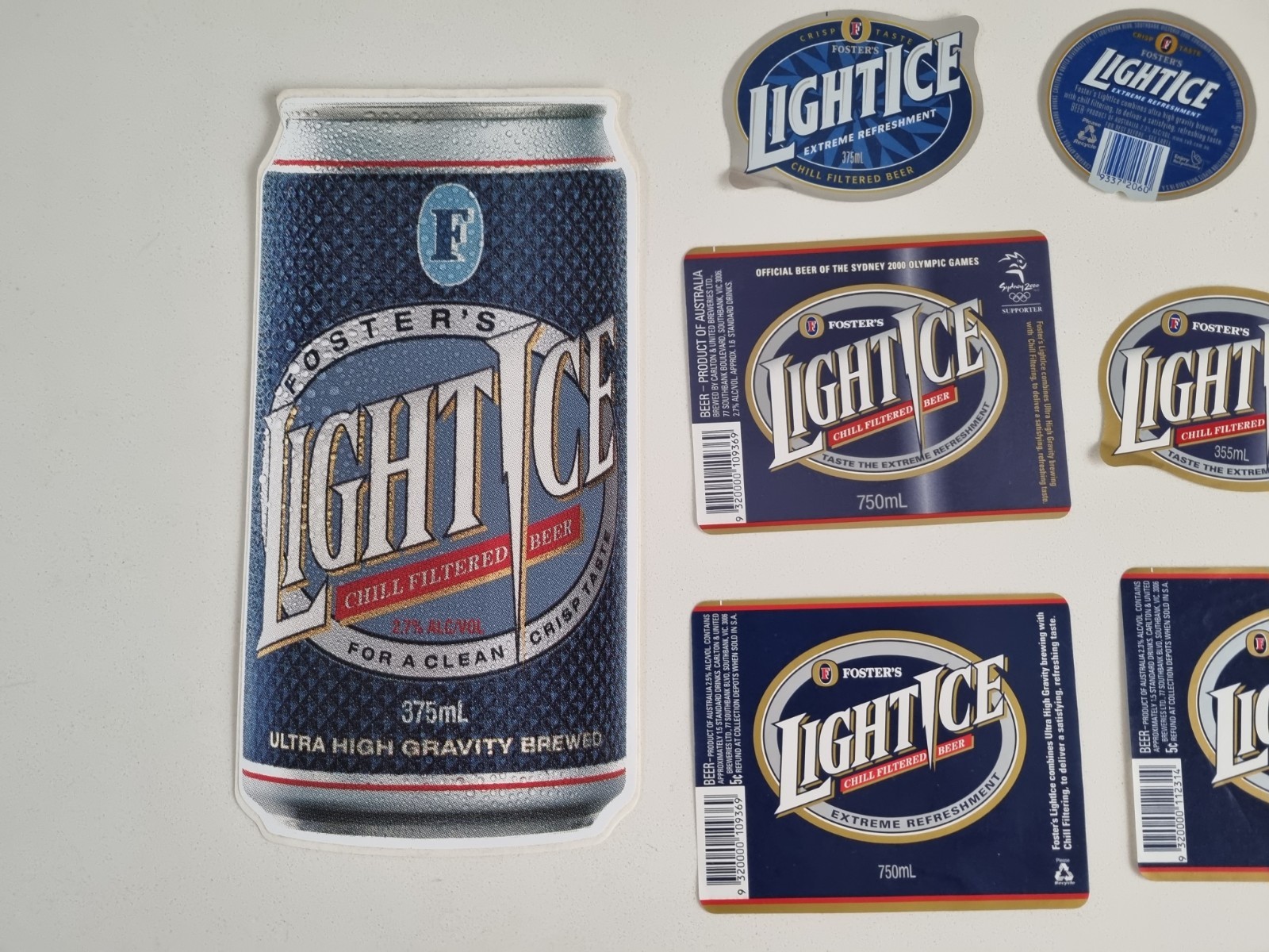 Fosters Light Ice Beer Bottle Labels Lot Vintage Blue Lager thumbnail