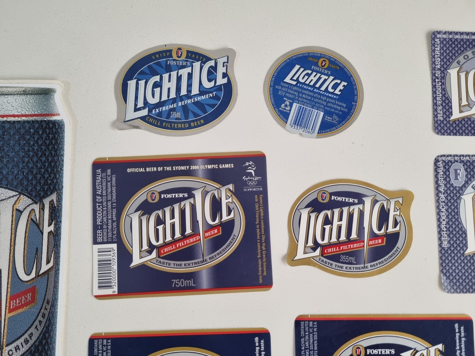 Fosters Light Ice Beer Bottle Labels Lot Vintage Blue Lager thumbnail