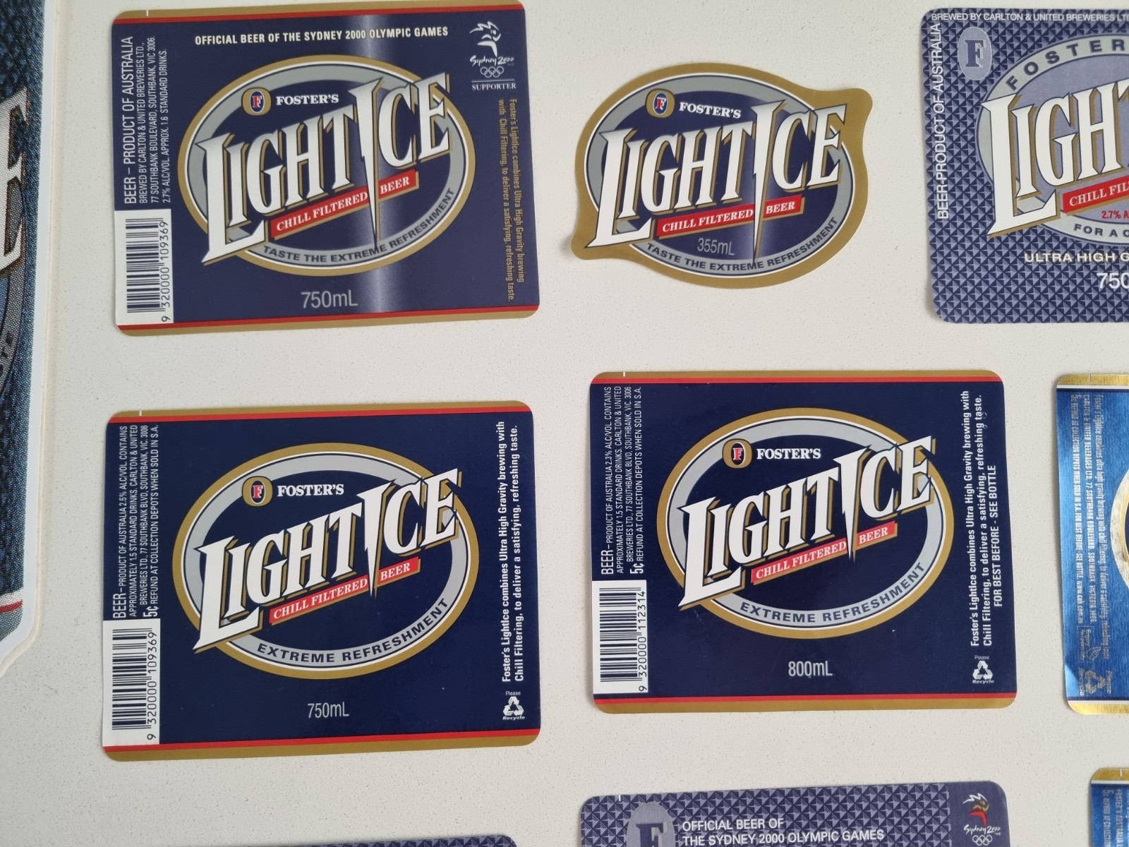 Fosters Light Ice Beer Bottle Labels Lot Vintage Blue Lager thumbnail