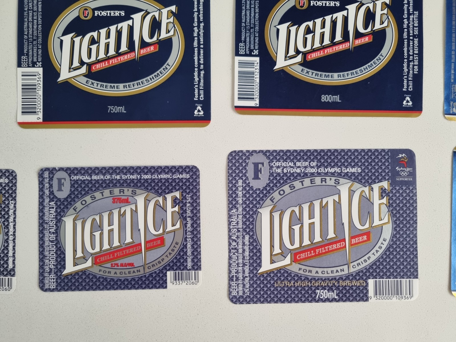 Fosters Light Ice Beer Bottle Labels Lot Vintage Blue Lager thumbnail
