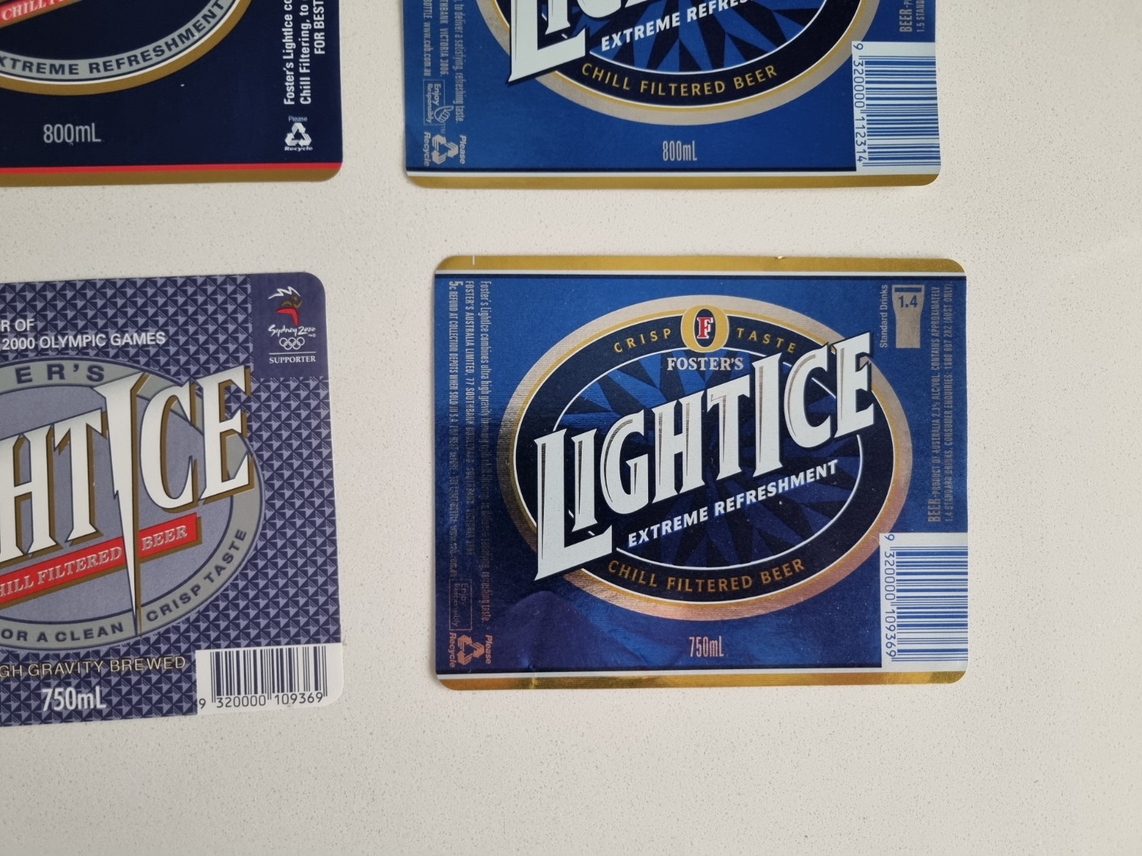 Fosters Light Ice Beer Bottle Labels Lot Vintage Blue Lager thumbnail