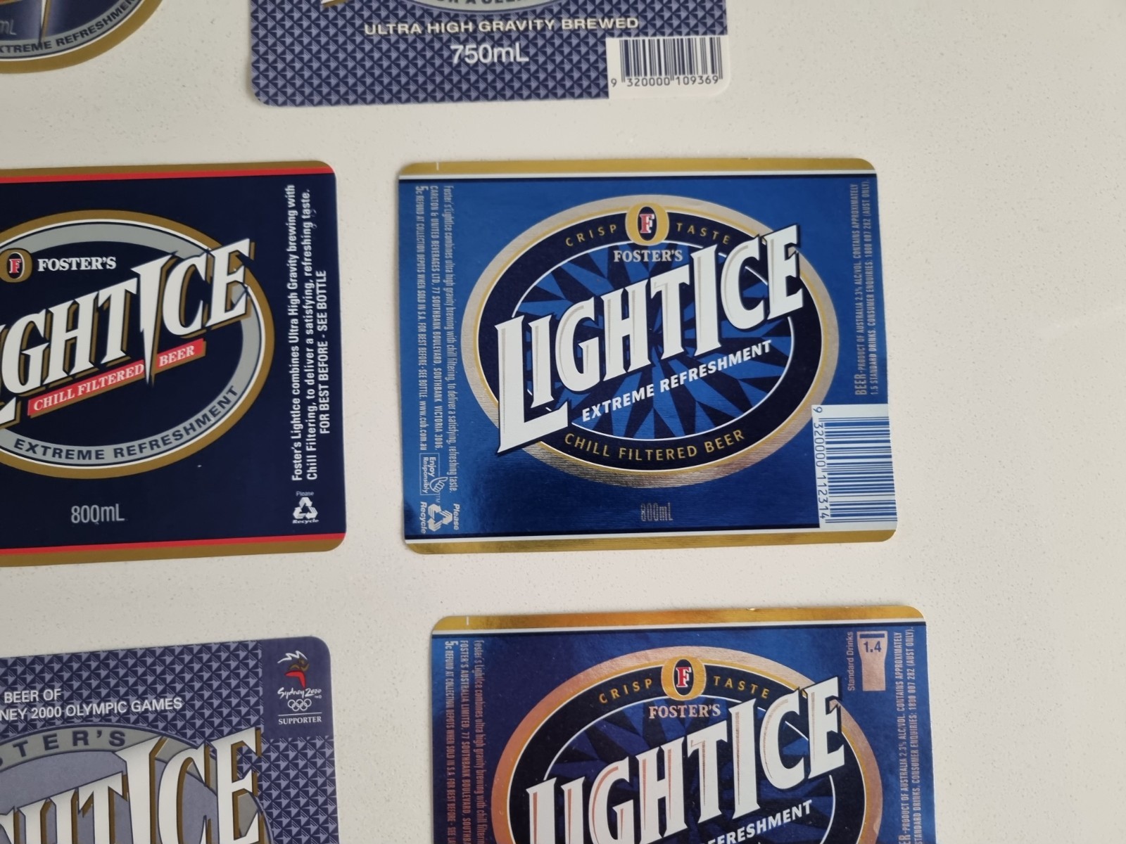 Fosters Light Ice Beer Bottle Labels Lot Vintage Blue Lager thumbnail