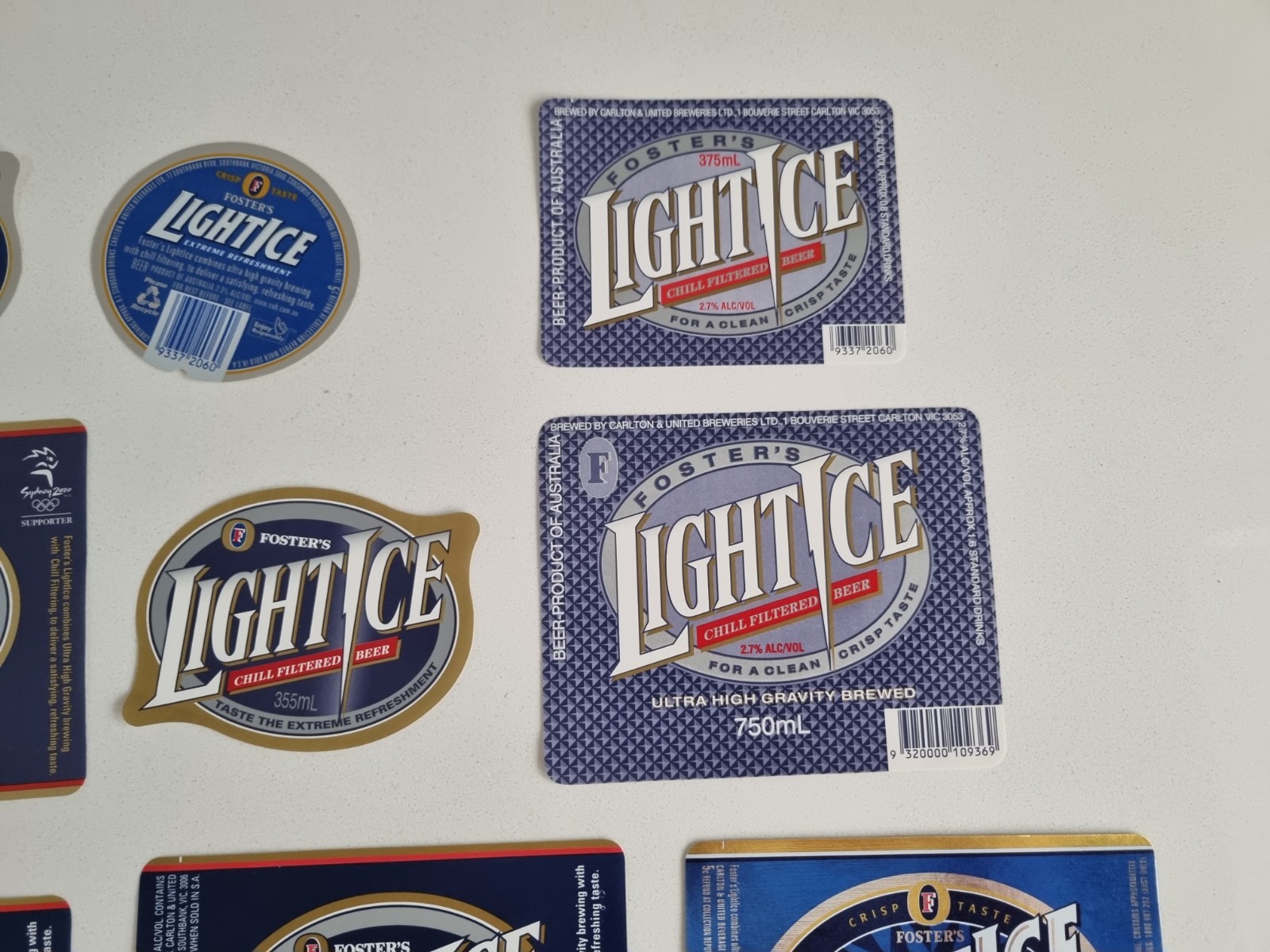 Fosters Light Ice Beer Bottle Labels Lot Vintage Blue Lager thumbnail