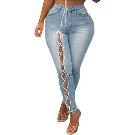 FC-Women S Skinny Hip Lift Jeans Button-up Slacks Thin Casual Leggings-32218