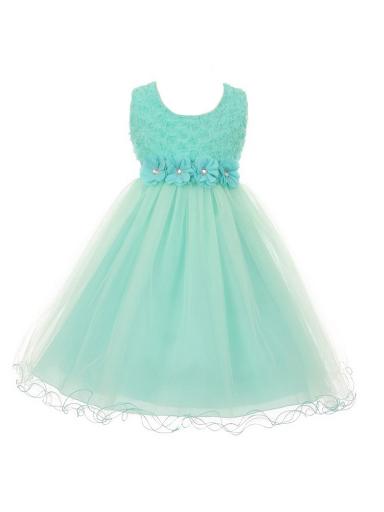 Big Girls Mint Flower Adorned Top Wired Tulle Skirt Junior Bridesmaid Dress 8-14