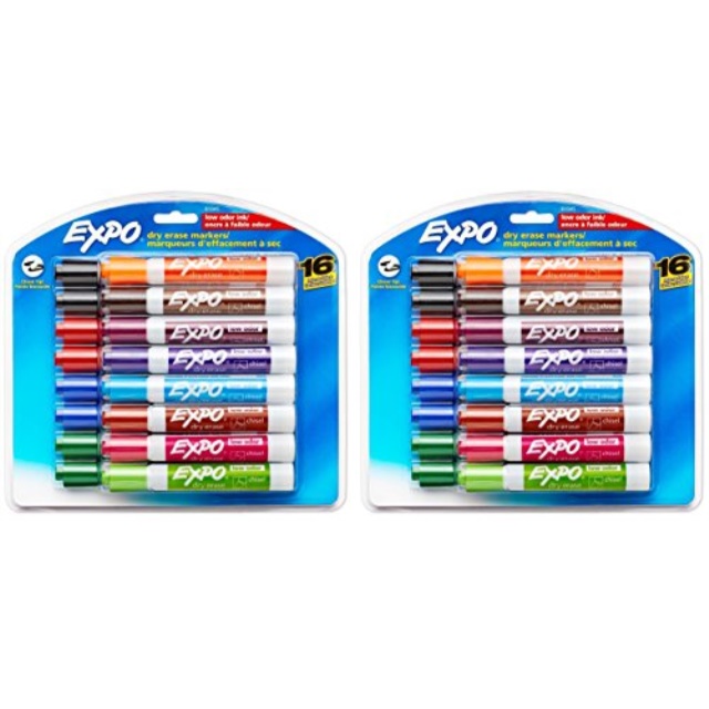 Expo 81045 Low-odor Dry Erase Markers, Chisel Tip, Assorted Colors, 2 Blister Packs with 16 Markers, Total of 32 Markers