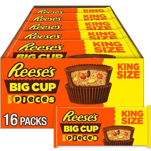 REESE'S Big Cup with Pieces Milk Chocolate King Size Peanut Butter Cups, Candy Packs, 2.8 Oz (16 Count)