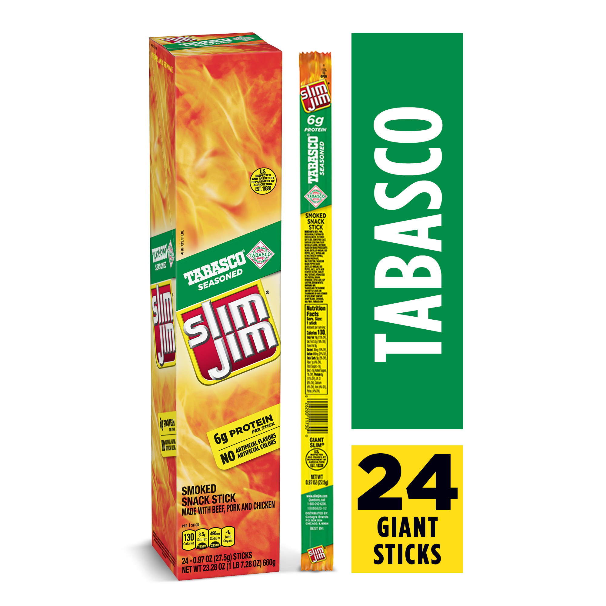 Slim Jim Giant Smoked Meat Sticks, Tabasco Flavor, 0.97 oz. 24-Count