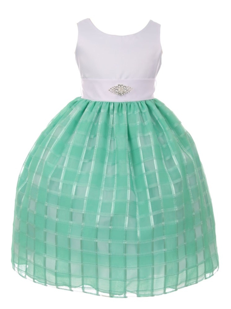 Girls Mint Square Pattern Brooch Accented Junior Bridesmaid Dress