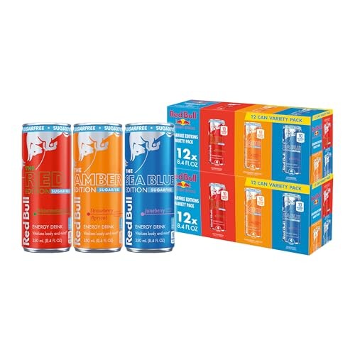 Red Bull Energy Drink Sugar Free Variety Pack, Red, Amber, and Sea Blue, with 80mg Caffeine, Taurine & B Vitamins, 8.4 Fl. Oz., 2 X 12 Pack, 24 Cans C