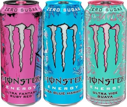 Monster Energy Ultra Variety Pack, Blue Hawaiian, Ultra Vice Guava, Ultra Fantasy Ruby Red, Sugar Free Energy Drink, 16 Ounce (Pack of 15) thumbnail
