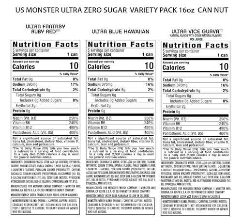 Monster Energy Ultra Variety Pack, Blue Hawaiian, Ultra Vice Guava, Ultra Fantasy Ruby Red, Sugar Free Energy Drink, 16 Ounce (Pack of 15) thumbnail
