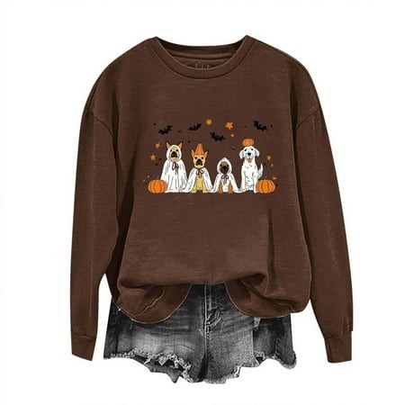 Halloween Ghost Dog Sweatshirt Women Dog Lover Tshirt Gift Pumpkin Casual Long Sleeve Pullover Tops Fall Holiday Shirt 2024 Baggy Cute Printed Graphic