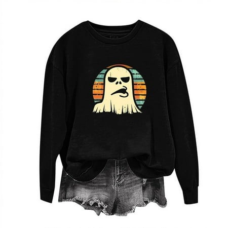 Funny Ghost Sweatshirt Women Funny Halloween Pullover Spooky Graphic Blouse Casual Long Sleeve Tee Tops Fall Loose Cute Ghost Printed Sweatshirt 2024 