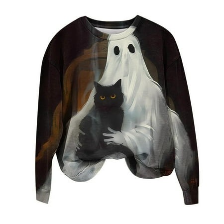 Womens Halloween Ghosts Sweatshirts 2024 New Casual Loose Baggy Oversized Printed Pullover Tops Crew Neck Graphic Sweatshirt Party Fall Sweatshirt Lon