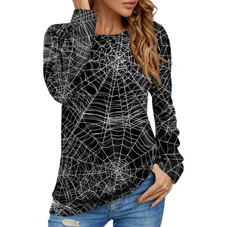 Halloween Shirts for Women Trendy Pumpkin Ghost Print Tshirts Long Sleeve Crew Neck Blouse Casual Loose T-Shirts Fall Outfits for Women 2024 Dark Gray