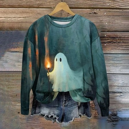 NTRiLkUR Womens Sweatshirts Halloween Spooky Ghost Graphic Pullover Tops 2024 Funny Holiday Blouse Loose Casual Shirt