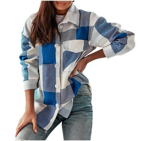 Miluxas Lady Plaid Shirts for Women Clearance Buffalo Plaid Shirts Oversized Long Sleeve Casual Button Down Blouse Top Blue 6(M)