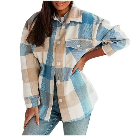 Miluxas Lady Plaid Shirts for Women Clearance Buffalo Plaid Shirts Oversized Long Sleeve Casual Button Down Blouse Top Light Blue 6(M)