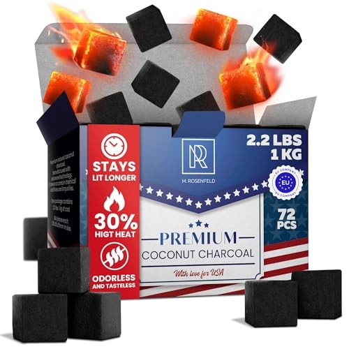 Premium Coconut Charcoal Cubes - Coconut Coals XL Pack of 72 Count & 1 KG (2.2 Lbs)  Premium Quality 25mm (1x1x1 in)  100% Natural Coconut Charcoal Cu