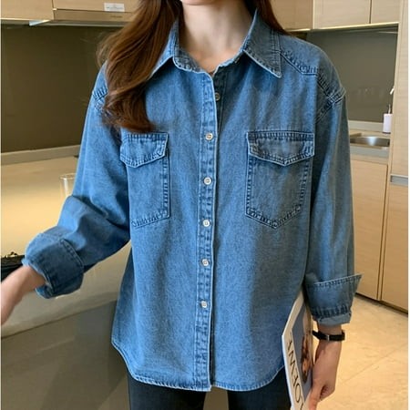 #3119 Blue Denim Shirt Long Sleeve Loose Casual Office Jeans Shirt Female Turn-down Collar Outerwear Ladies Tops and Blouses (Blue L)